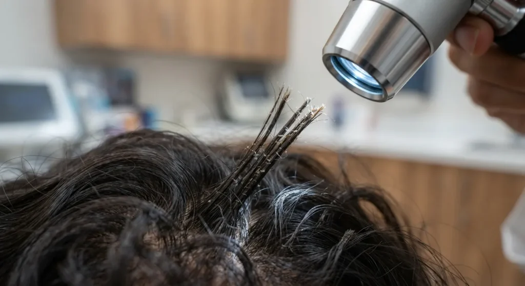 hair-strengthening-treatment-closeup Close-up examination of weak and damaged hair