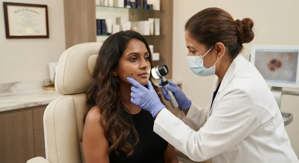 mole-examination Dermatologist examining skin mole