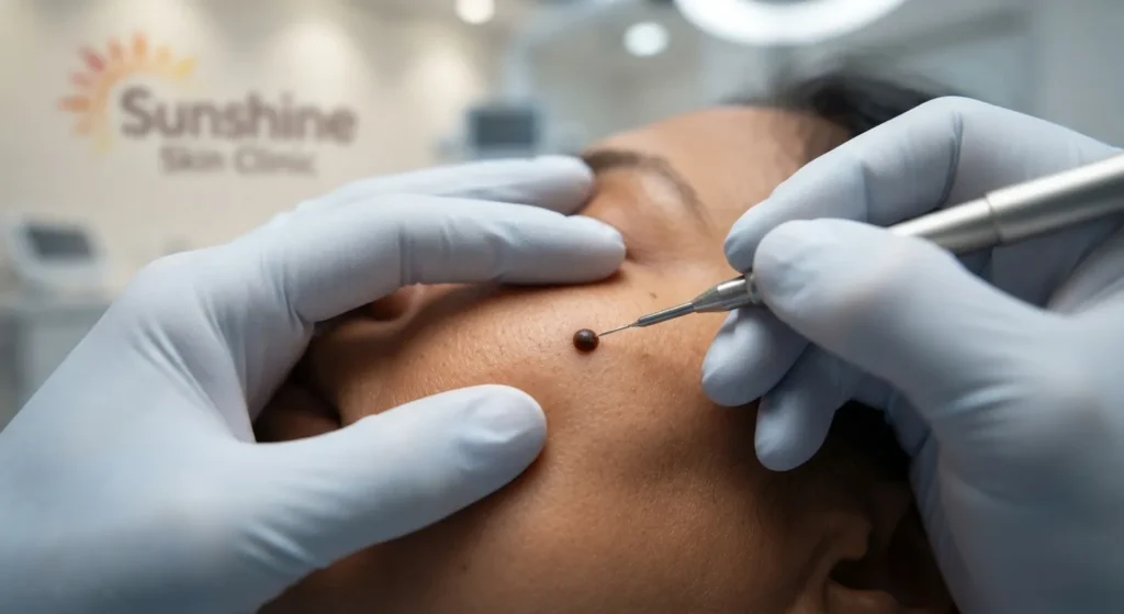 mole-removal-treatment-closeup Close-up mole removal procedure by dermatologist