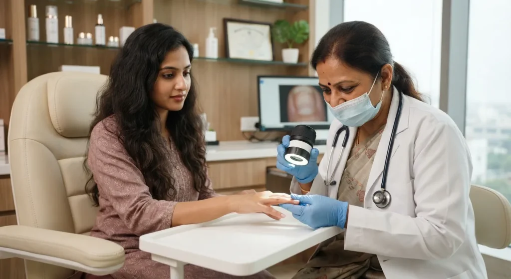 nail-disorder-consultation Nail disorder examination by dermatologist