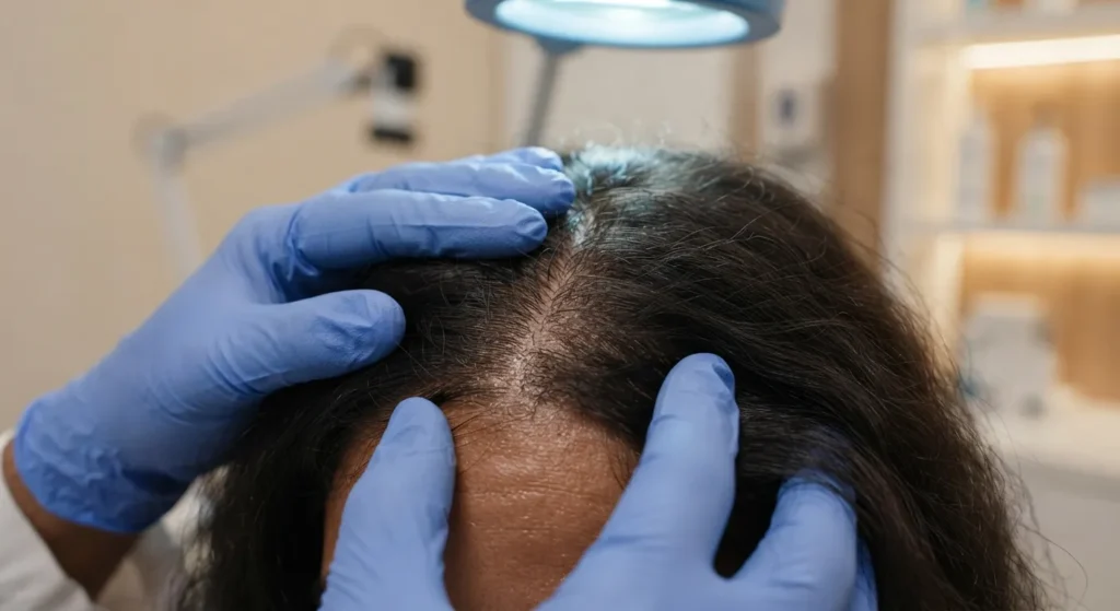 oily-dry-scalp-treatment-closeup Close-up examination of oily and dry scalp