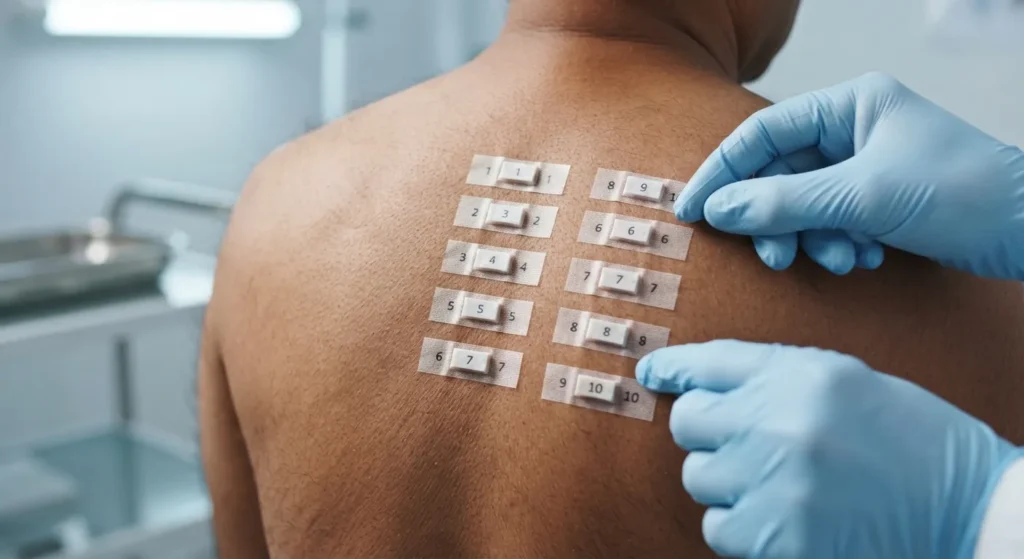 patch-test-allergy-diagnosis-closeup Close-up patch test for contact allergy evaluation