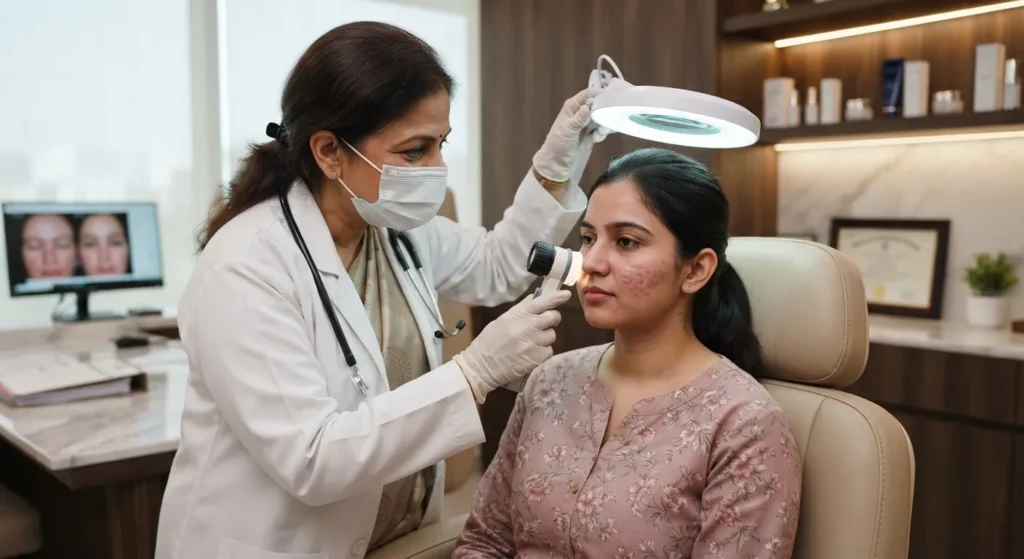 rosacea-treatment-consultation Rosacea consultation in dermatology clinic
