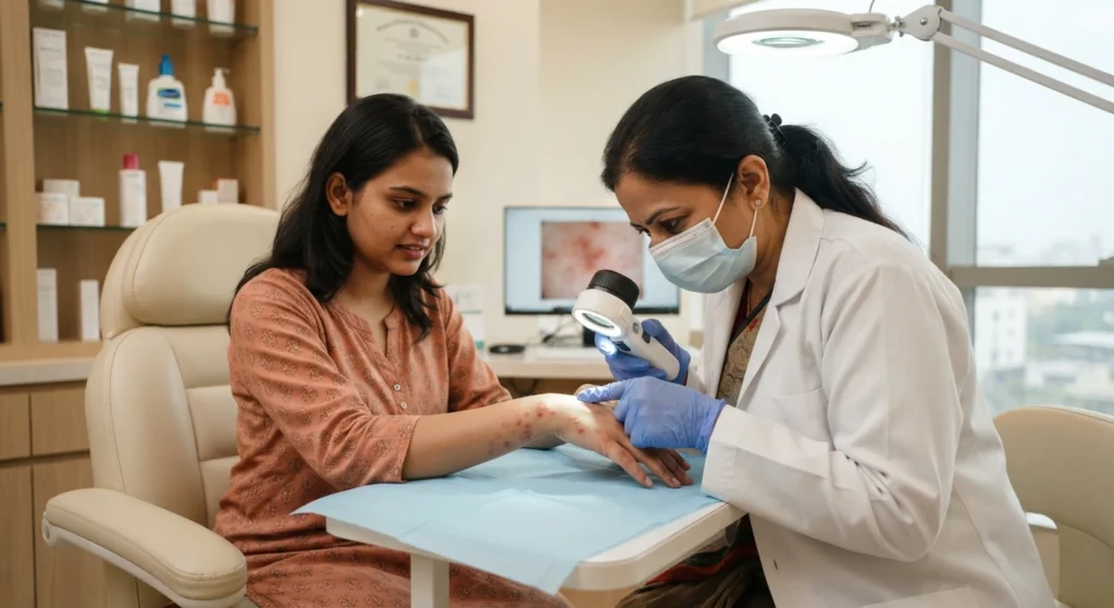 scabies-consultation Scabies skin examination by dermatologist
