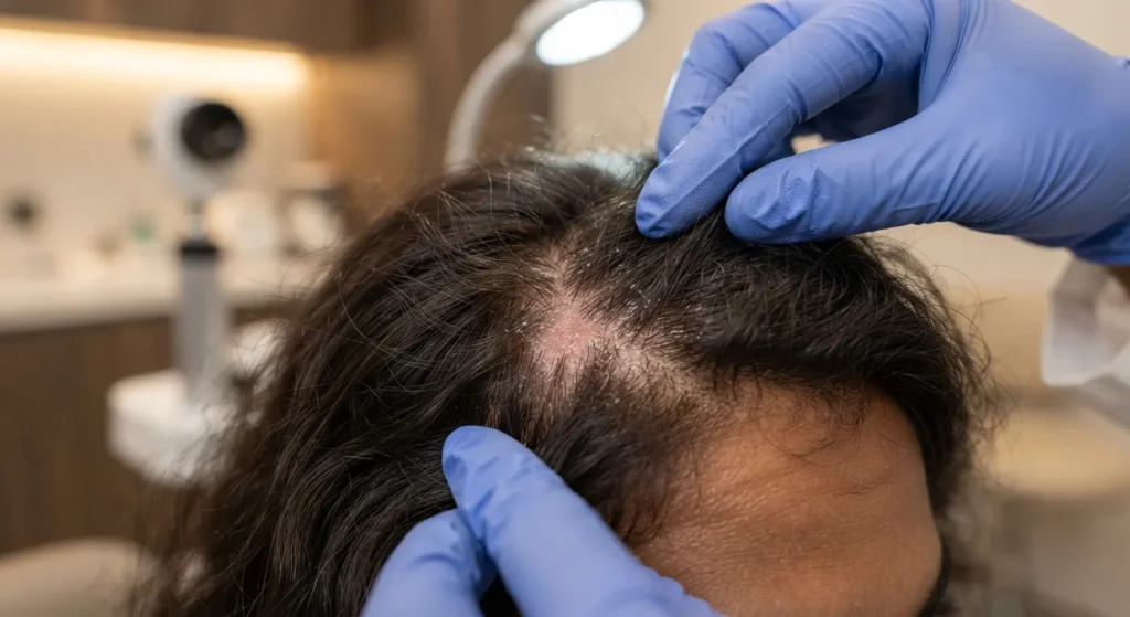 scalp-infection-treatment-closeup Close-up examination of scalp infection and irritation