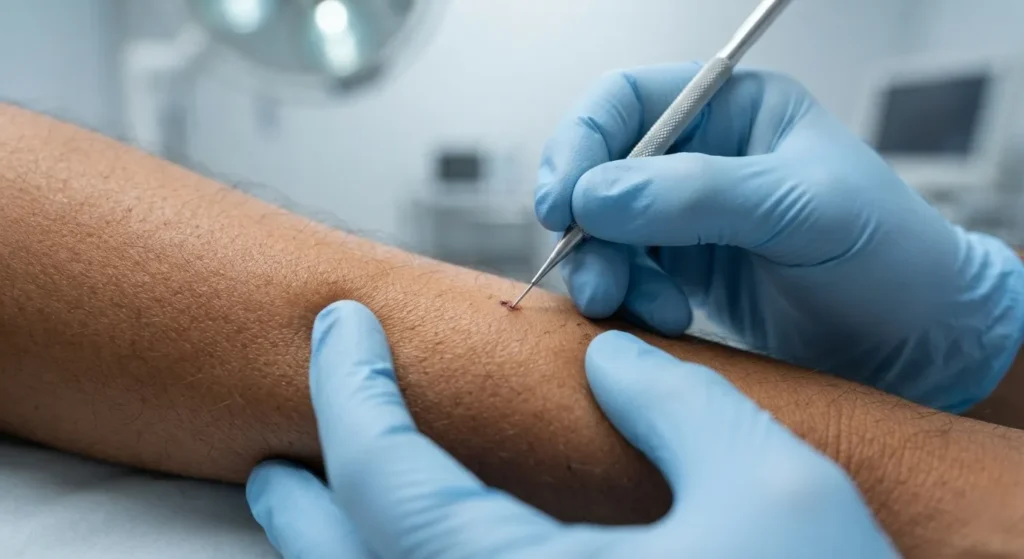 skin-biopsy-procedure-closeup Close-up skin biopsy procedure by dermatologist