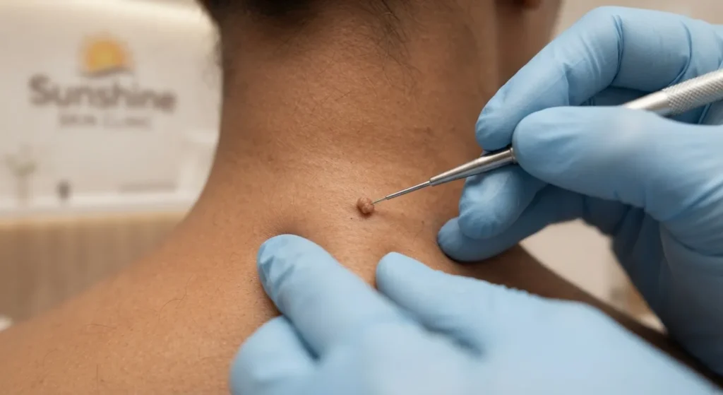 skin-tag-removal-treatment-closeup Close-up skin tag removal procedure on neck