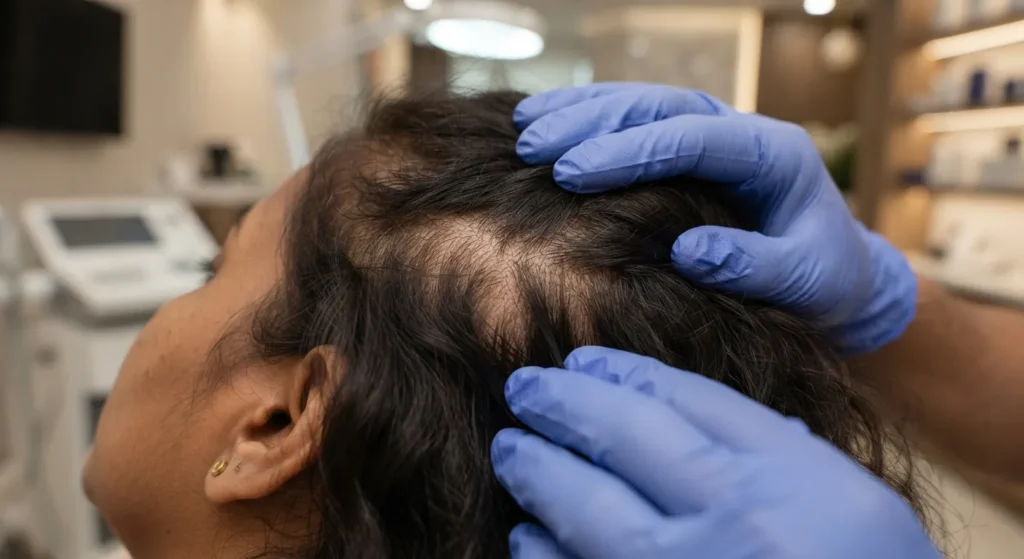 telogen-effluvium-closeup Close-up scalp assessment for telogen effluvium