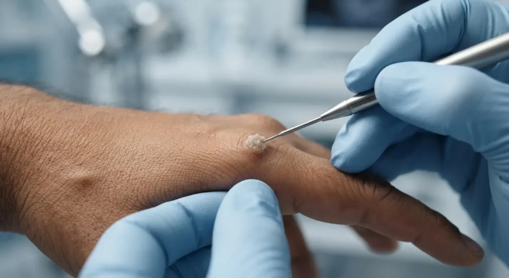 wart-removal-treatment-closeup Close-up wart removal treatment on patient's hand