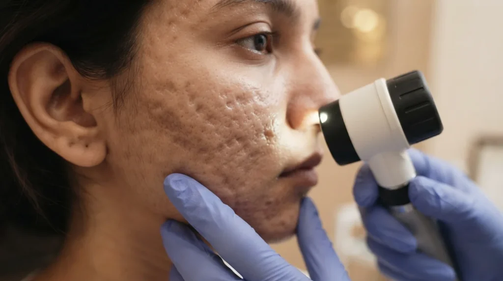 acne-scar-skin-assessment Close-up acne scar skin assessment by dermatologist