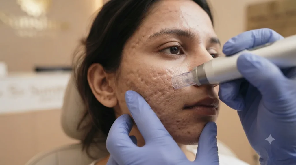 Close-up microneedling treatment for acne scars