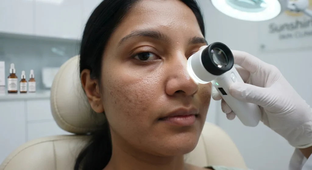 enlarged-pores-skin-assessment Close-up enlarged pores and skin texture assessment