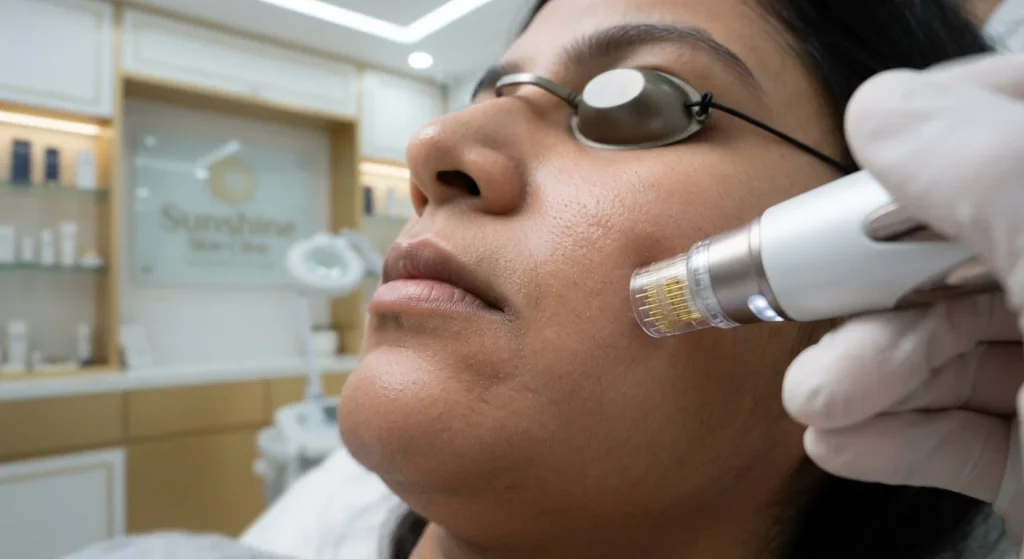 Close-up radiofrequency microneedling treatment for enlarged pores