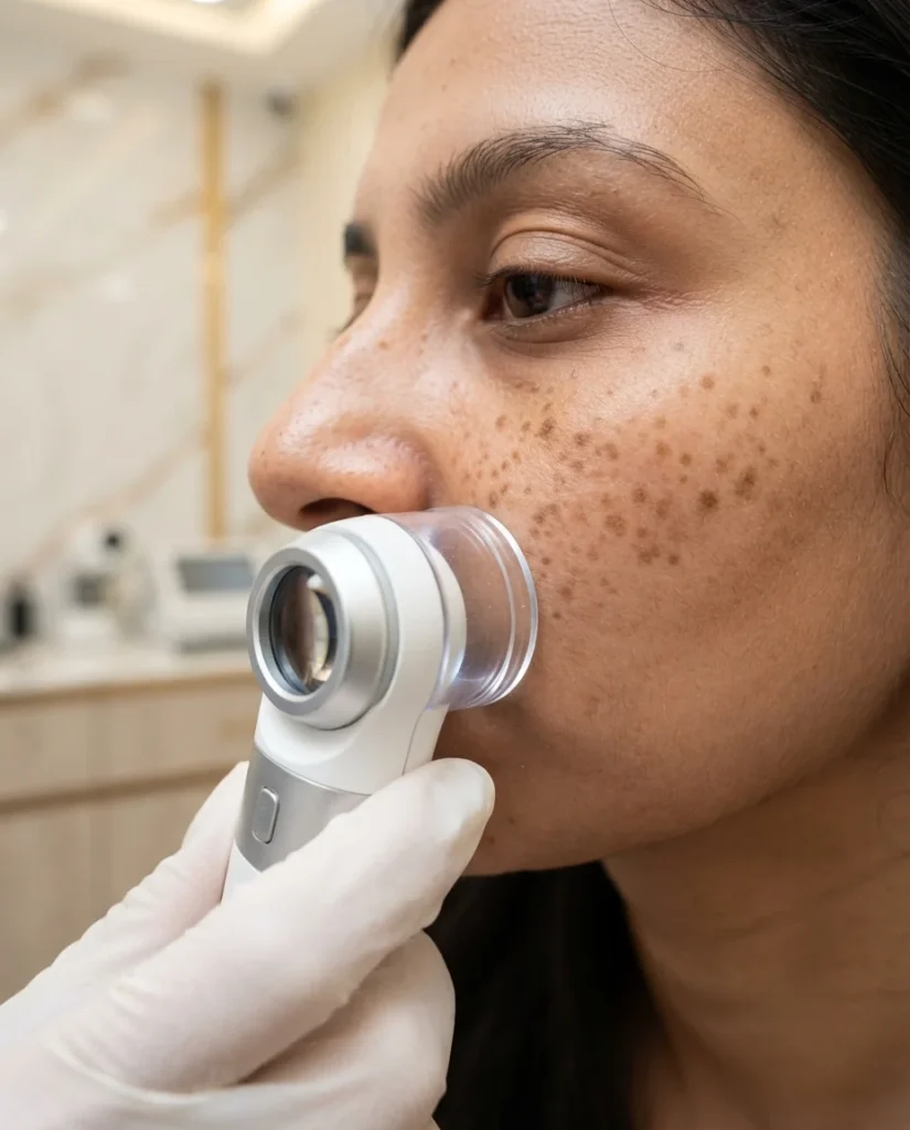 freckles-skin-assessment Close-up freckles skin assessment by dermatologist