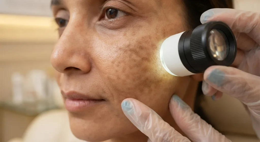 melasma-skin-assessment Close-up melasma skin assessment by dermatologist