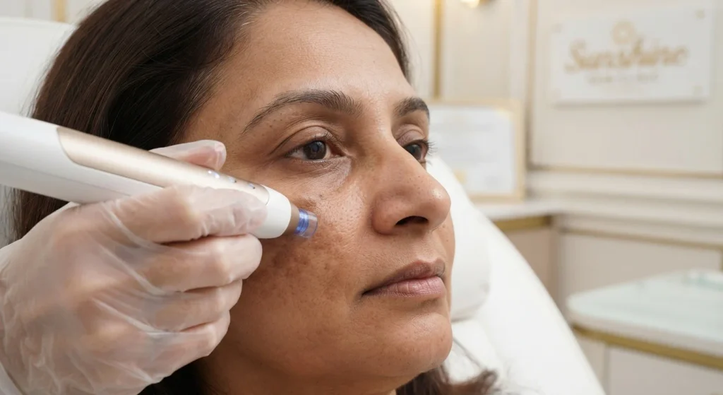 melasma-treatment-process Close-up dermatologist-guided treatment for facial melasma