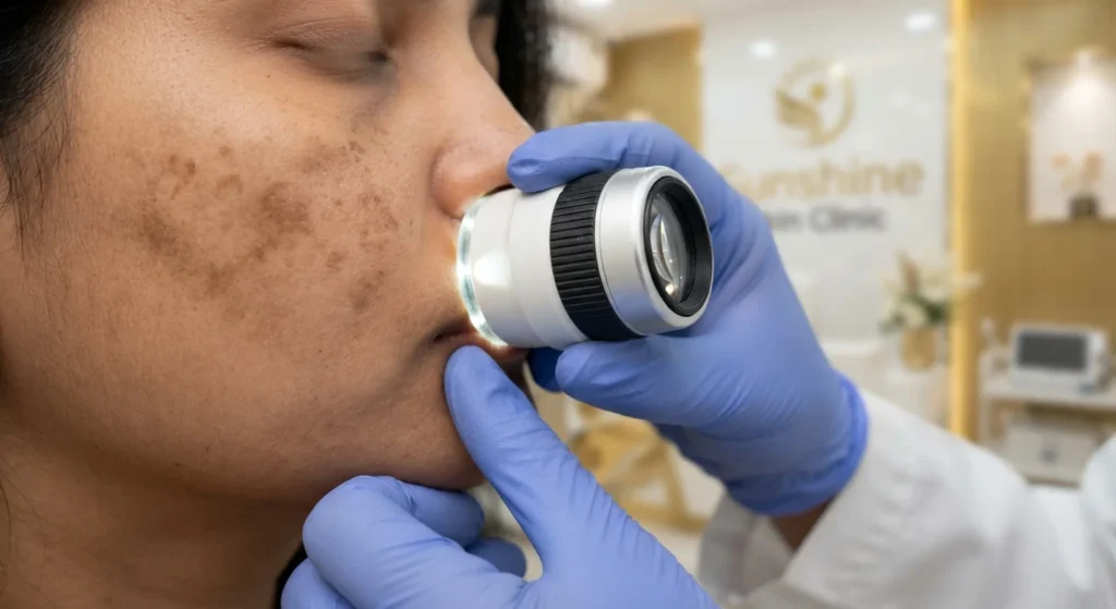 pigmentation-skin-assessment Close-up pigmentation skin assessment by dermatologist