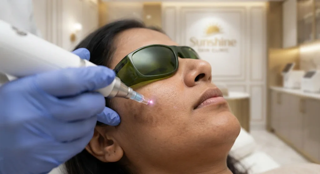 pigmentation-treatment-process Close-up laser treatment for facial pigmentation