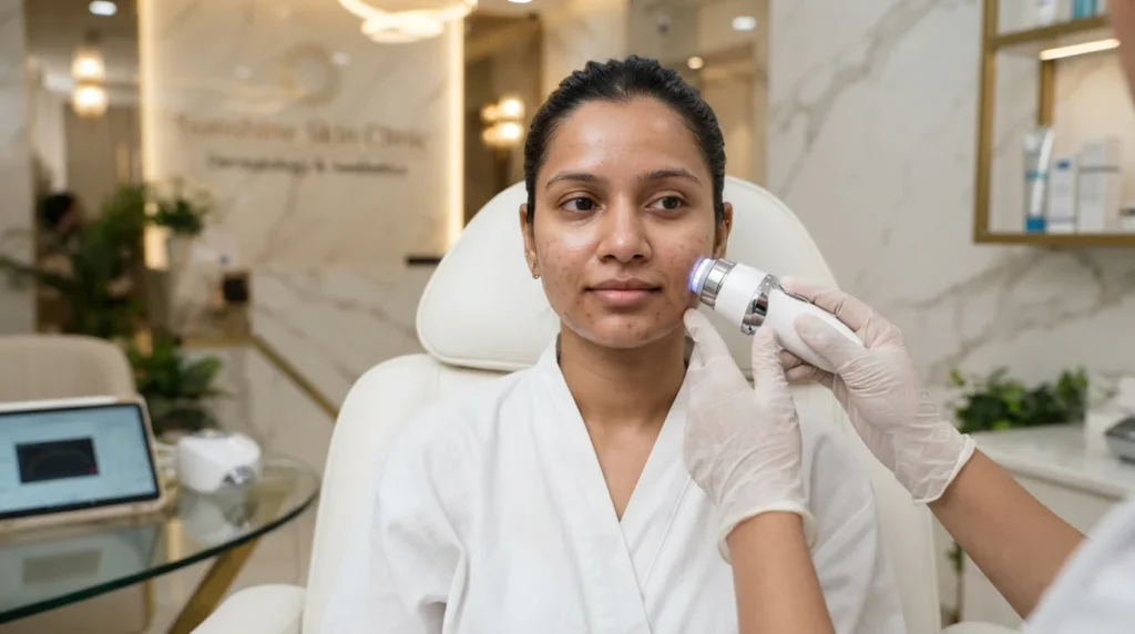 Close-up uneven skin tone assessment by dermatologist