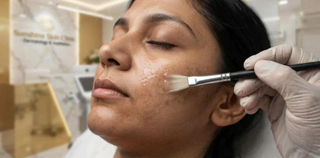 Close-up chemical peel treatment for uneven skin tone